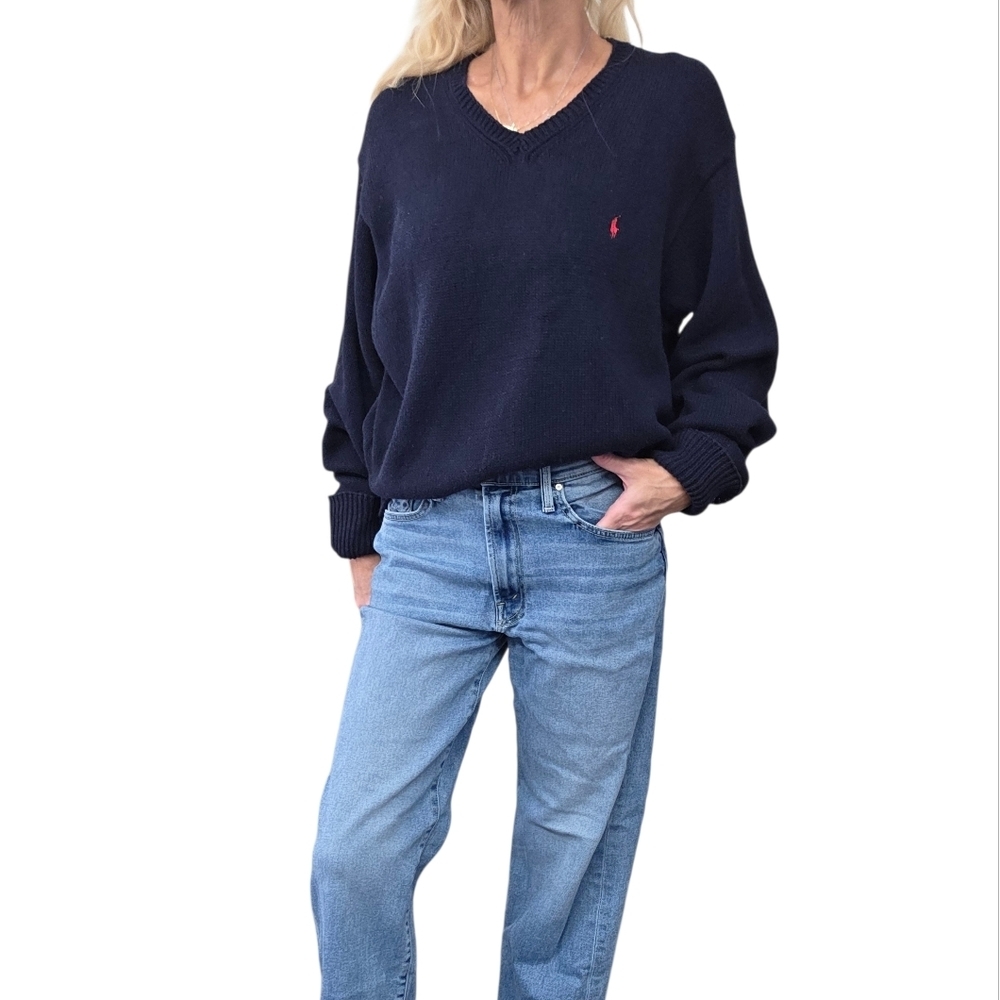 Polo Ralph Lauren Navy V Neck Linen Cotton Knit Sweater XL Preppy Classic - Picture 7 of 8